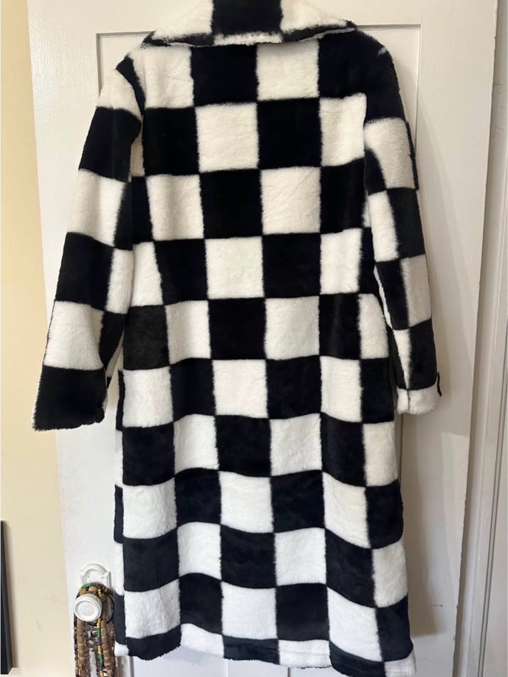 Black & White Check Long Faux Fur Coat - Women - Picture 4 of 5